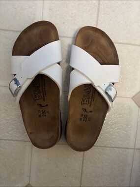 Birkenstock White Cross-Over Slide Sandals with Buckle